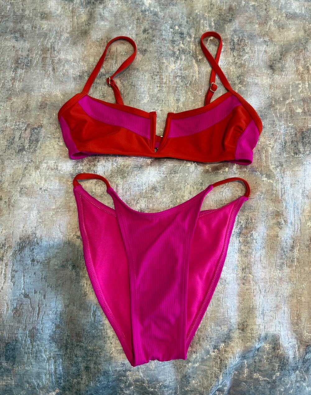Red & Hot Pink Color Block Ribbed Bikini Set | Underwire Top + High Cut Bottoms